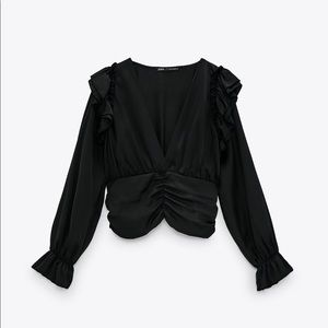 ZARA Black Satin Ruffle Crop Top